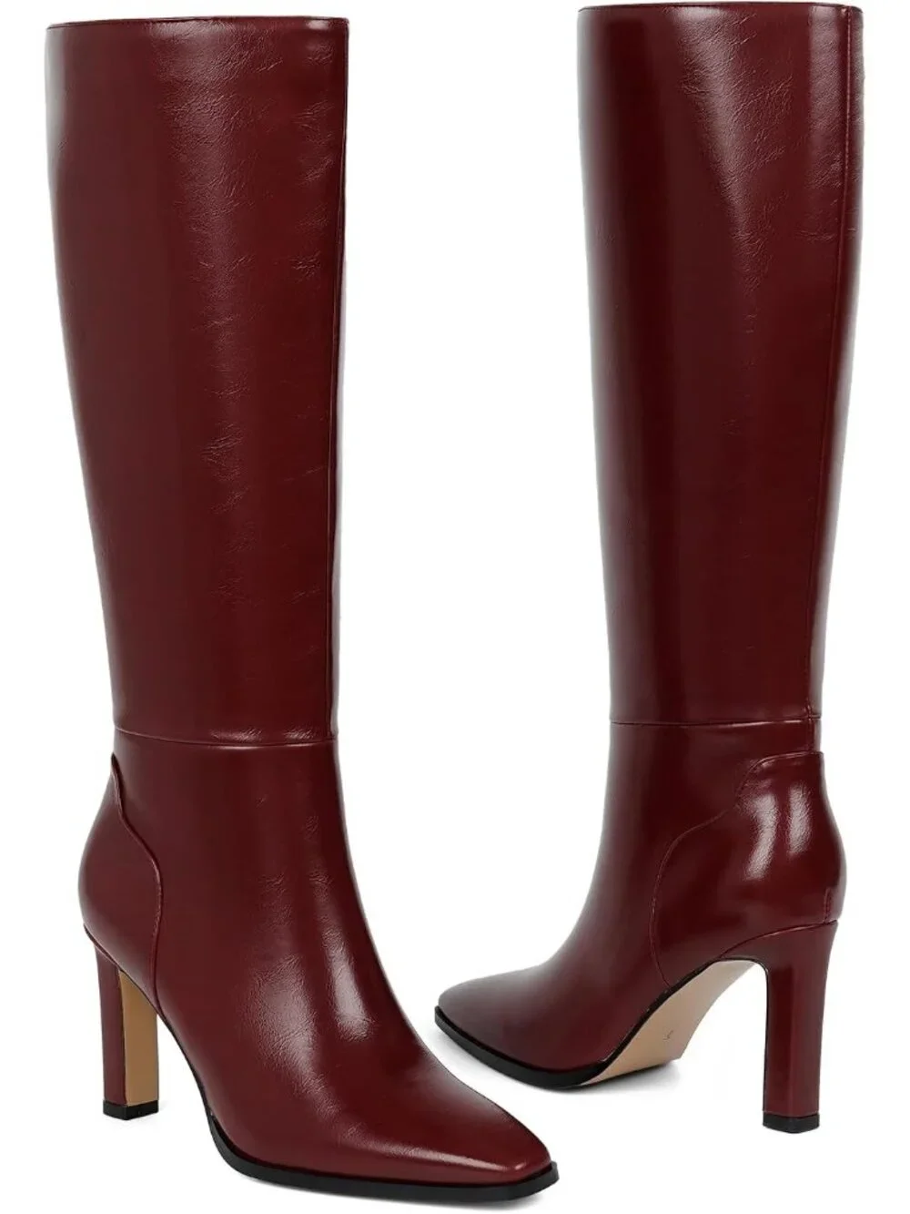 Women's Red Faux Leather Pointed Square Toe Stiletto Chunky Heel Knee High Boots